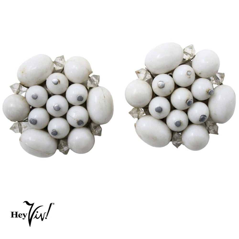 Vintage White and Clear Bead Cluster Clip On Earrings Marked Hong Kong - Hey Viv